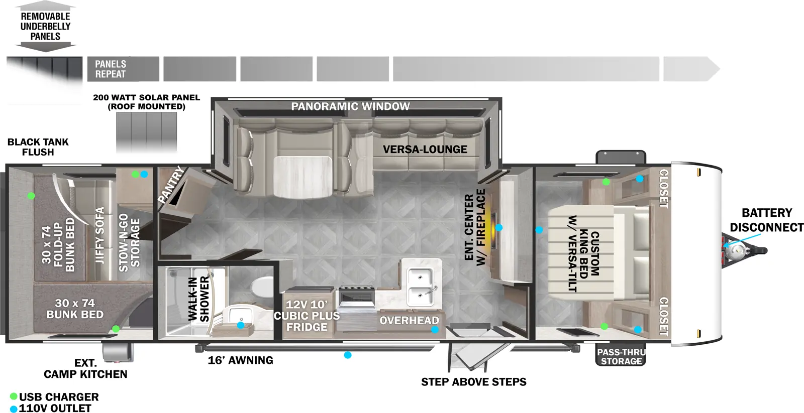The 273QBXL has one slideout and one entry. Exterior features front storage on each side, camp kitchen, and awning. Interior layout front to back: custom king bed with shelf above, and wardrobes on each side; entertainment center along inner wall; off-door side slideout with versa lounge u-dinette, and pantry; entry door, peninsula kitchen counter with sink wraps to door side with overhead cabinet, microwave, cooktop, and refrigerator; door side side-aisle full bathroom with medicine cabinet; rear bunk room with entertainment center wardrobe, rear jiffy sofa, and bunk beds above on the rear and door side.